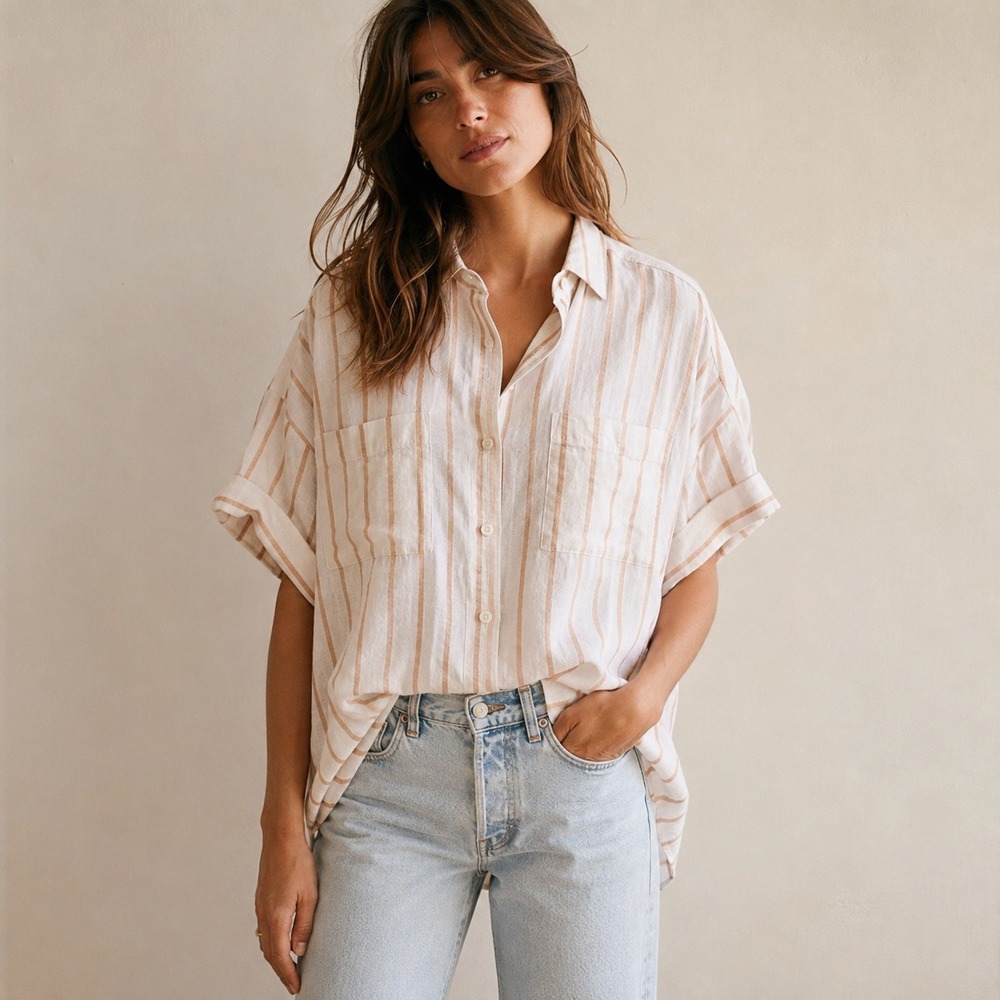 Madewell Courier Linen Blend Oversized Stripe Button Down Shirt XXS